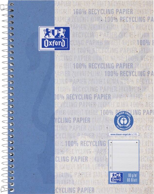 OXFORD Schrijfblok A5+ Gelinieerd Spiraalbinding Geplastificeerd karton Blauw Geperforeerd Recycled 160 Pagina's