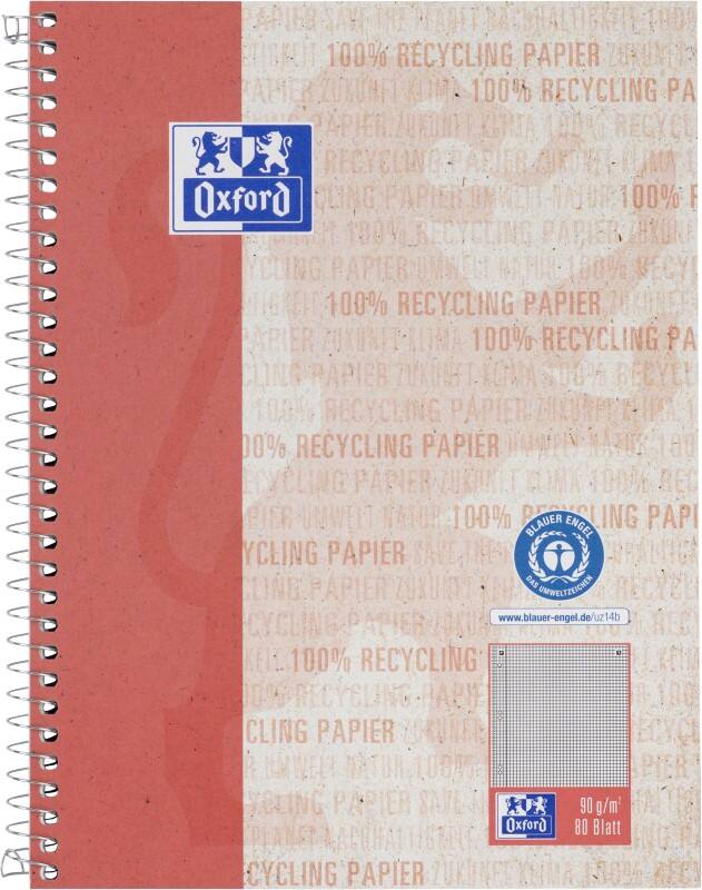 OXFORD Schrijfblok A5+ Geruit Spiraalbinding Geplastificeerd karton Rood Niet geperforeerd Recycled 160 Pagina's