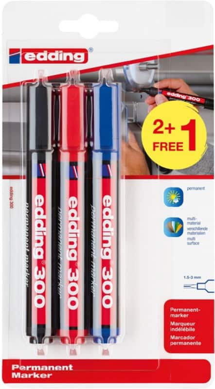 edding 300 Permanentmarker Medium Ronde punt 1,5 - 3 mm Kleurenassortiment Navulbaar Waterbestendig 3 Stuks