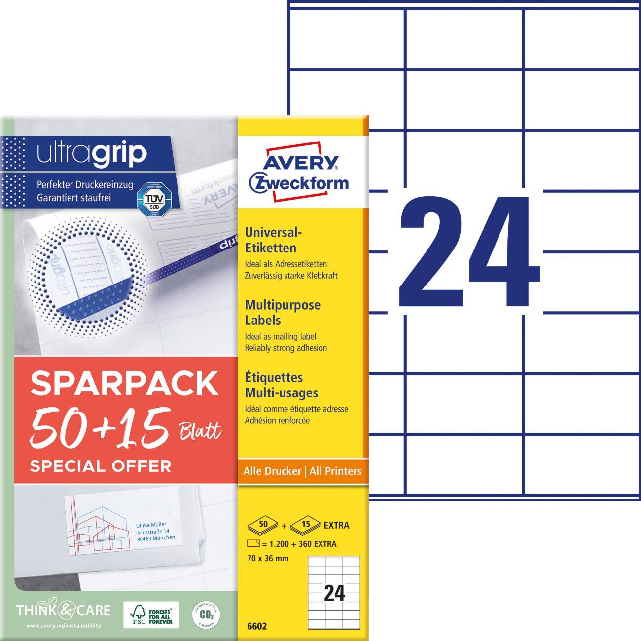 AVERY Zweckform Etiketten 6602 Klevend A4 Wit 7 x 3,6 cm 1560 Vellen à 24 Etiketten