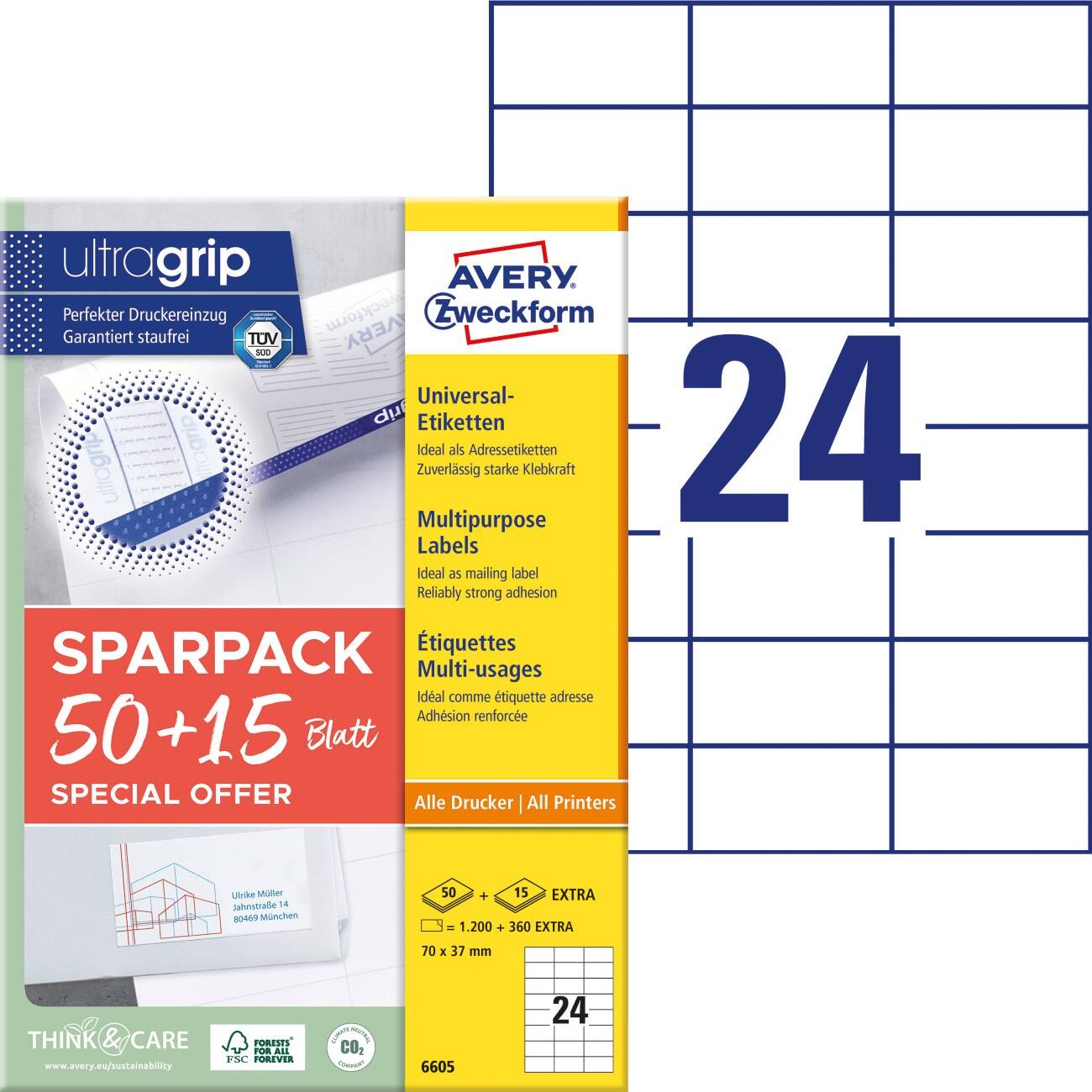 AVERY Zweckform Etiketten 6605 Klevend A4 Wit 7 x 3,7 cm 1560 Vellen à 24 Etiketten
