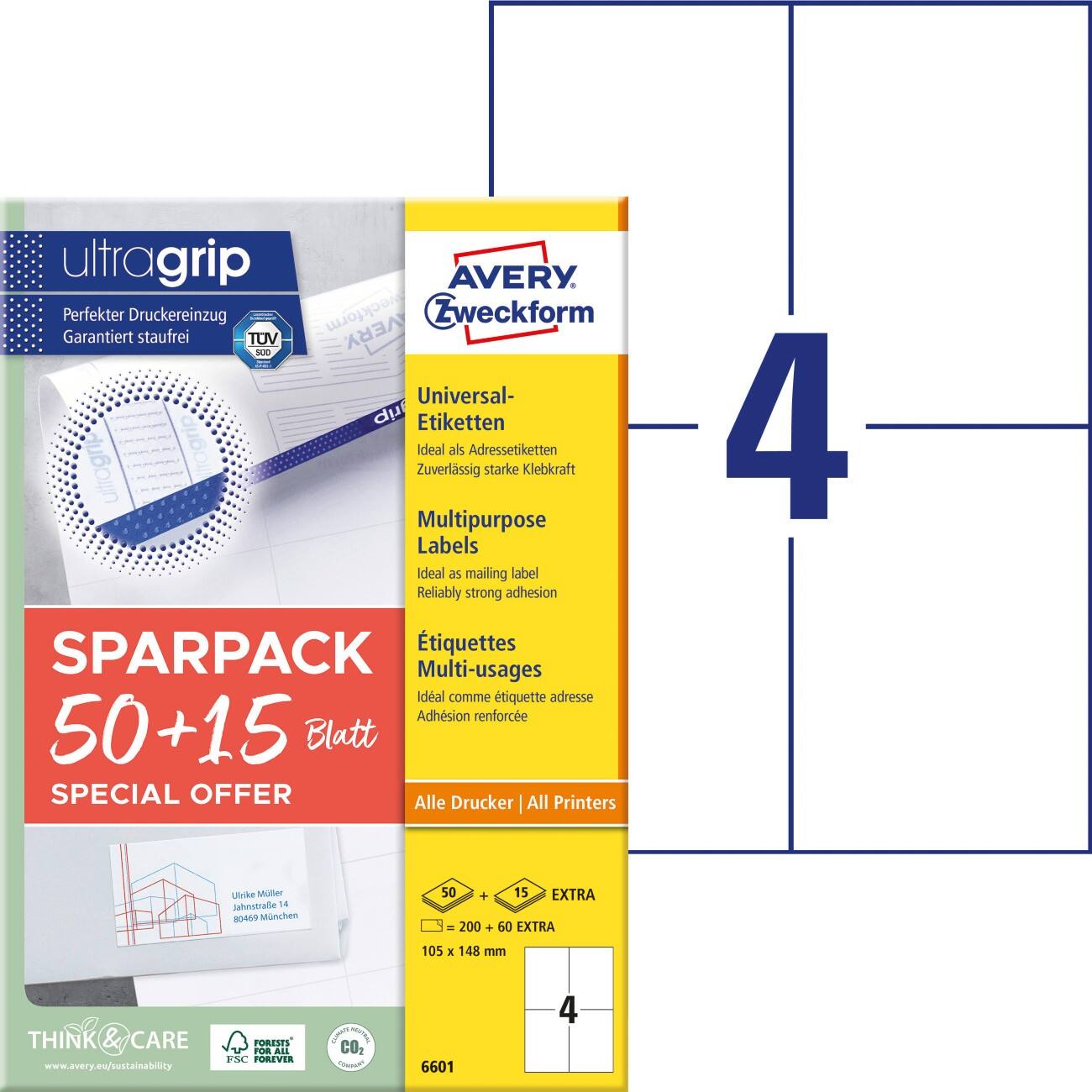 AVERY Zweckform Etiketten 6601 Klevend A4 Wit 10,5 x 14,8 cm 260 Vellen à 4 Etiketten