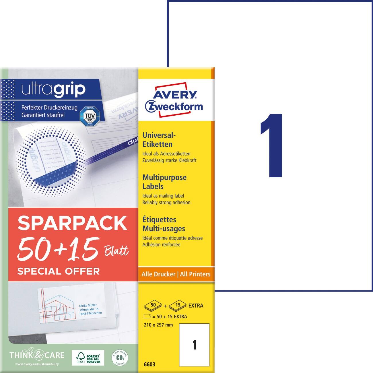 AVERY Zweckform Etiketten 6603 Klevend A4 Wit 21 x 29,7 cm 65 Vellen à 1 Etiket