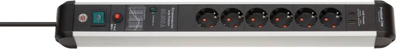 brennenstuhl Premium-Protect-Line Stekkerdoos met USB 1391010620 Overspanningsbeveiliging 6 stopcontacten 3 m Zilver, zwart