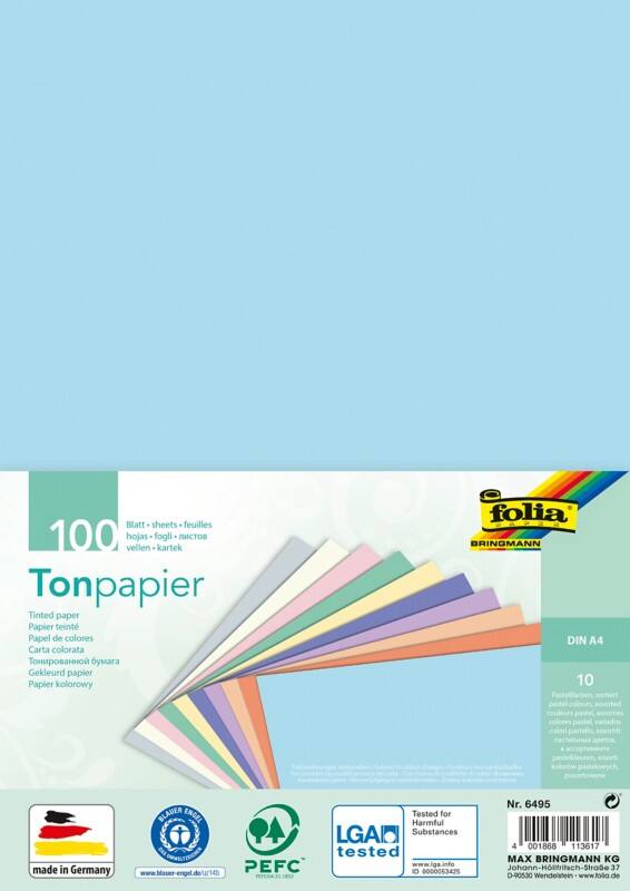 Folia Pastel A4 Knutselpapier Kleurenassortiment Recycled 130 g/m² 100 Vellen