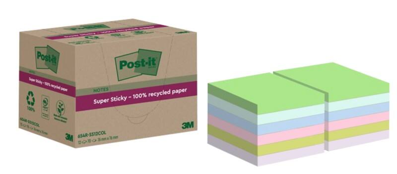 Post-it Super Sticky Notes Gerecyclede zelfklevende memoblaadjes 76 x 76 mm Kleurenassortiment 70 Vellen Pak van 12 blokken