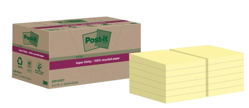 Post-it Super Sticky Notes Gerecyclede zelfklevende memoblaadjes 47,6 x 47,6 mm Kanariegeel 70 Vellen Pak van 12 blokken