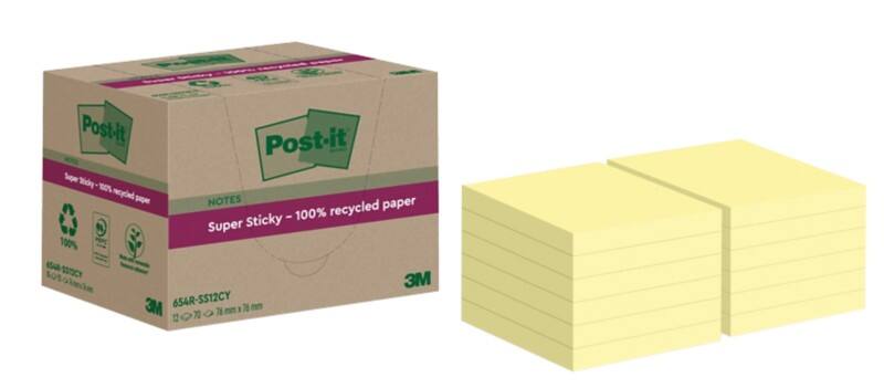 Post-it Super Sticky Notes Gerecyclede zelfklevende memoblaadjes 76 x 76 mm Kanariegeel 70 Vellen Pak van 12 blokken