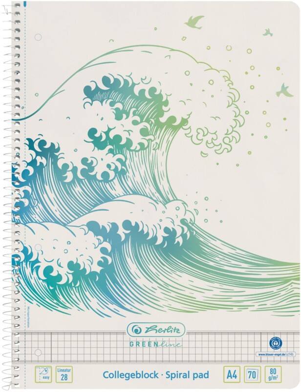 herlitz GREENline Schrijfblok A4 Geruit Spiraalbinding Zijgebonden Karton Harde rug Groen Geperforeerd 140 Pagina's