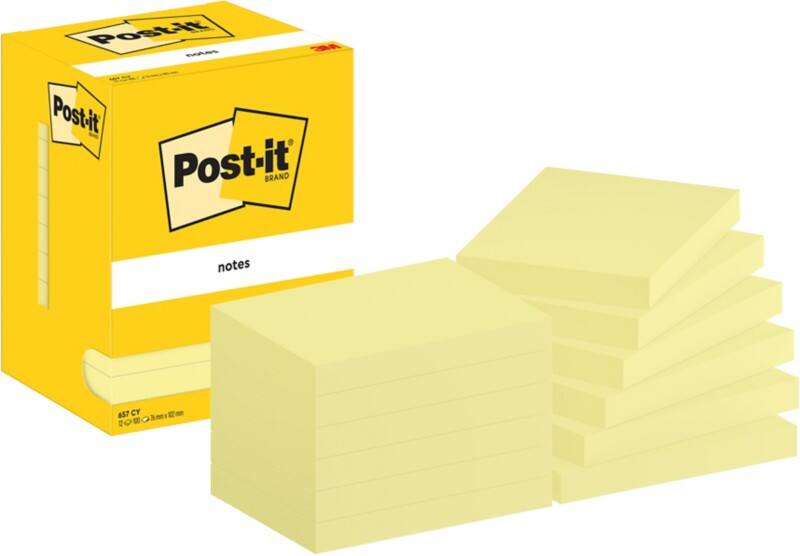 Post-it Zelfklevende memoblaadjes 657-CY 76 x 102 mm 100 Vellen per blok Geel Pak van 12