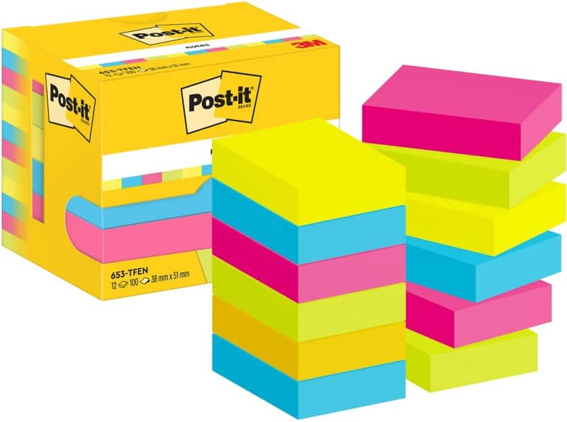 Post-it Zelfklevende memoblaadjes 653-TFEN 38 x 51 mm 100 Vellen per blok Blauw, geel, groen, roze Pak van 12
