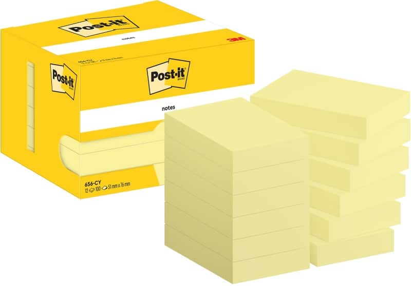 Post-it Zelfklevende memoblaadjes 656-CY 51 x 76 mm 100 Vellen per blok Geel Pak van 12
