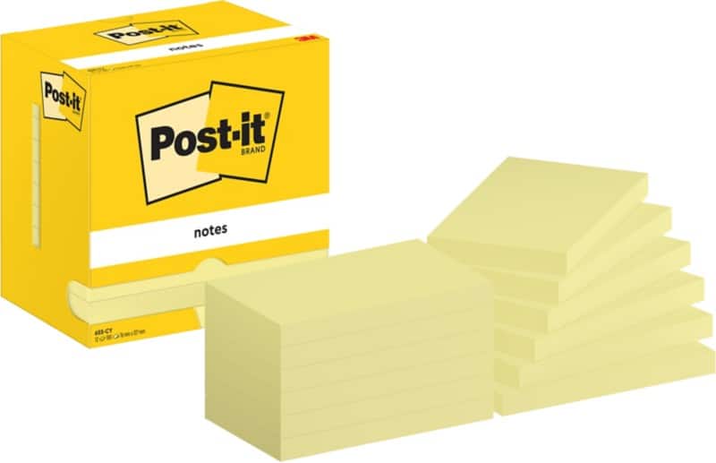 Post-it Zelfklevende memoblaadjes 655-CY 76 x 127 mm 100 Vellen per blok Geel Pak van 12