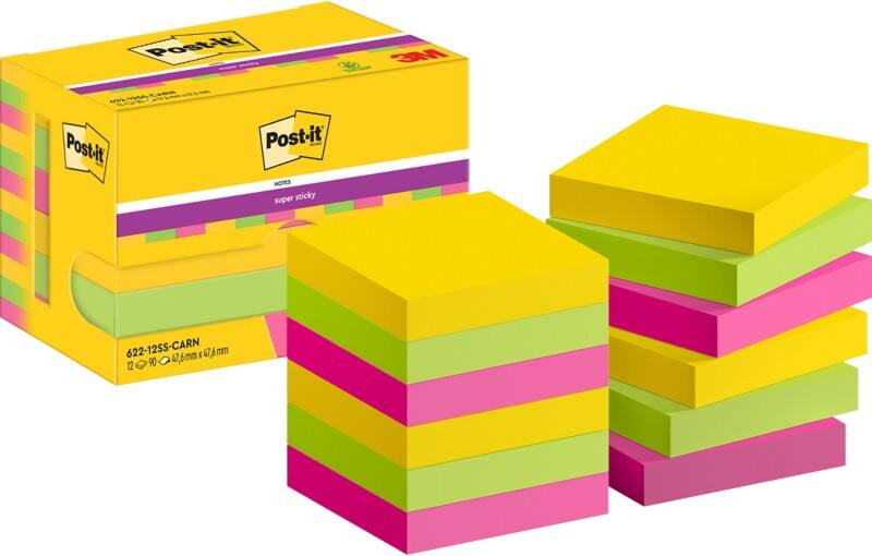 Post-it Super Sticky Notes 622-12SS-CARN 47,6 x 47,6 mm 90 Vellen per blok Geel, groen, roze Vierkant Effen Pak van 12