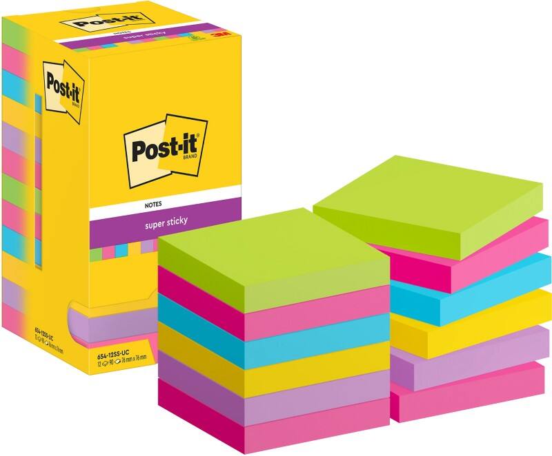 Post-it Super Sticky Notes 654-12SS-UC 76 x 76 mm 90 Vellen per blok Blauw, geel, groen, paars, roze Vierkant Effen Pak van 12
