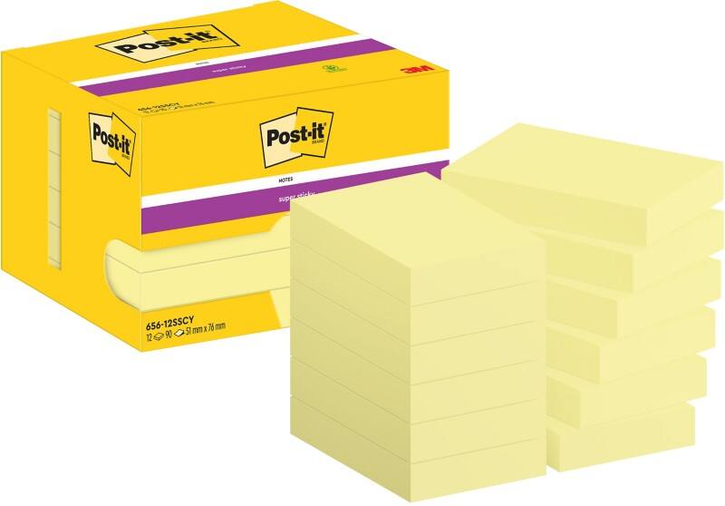 Post-it Super Sticky Notes 656-12SSCY 51 x 76 mm 90 Vellen per blok Geel Rechthoekig Effen Pak van 12
