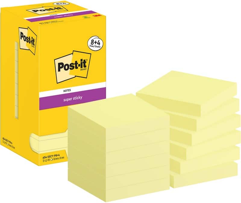 Post-it Super Sticky Notes vierkant 76 x 76 mm blanco geel 654-SSCY-P8/+4 90 12 stuks à 90 vellen (8+4) gratis