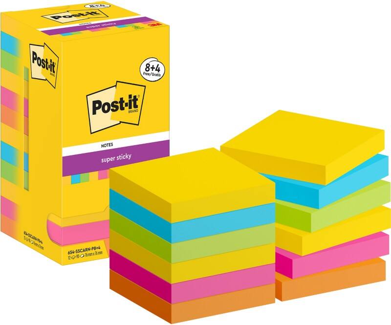 Post-it Super Sticky Notes vierkant 76 x 76 mm blanco assortiment 654-SSCARN-P8/+4 90 12 stuks à 90 vellen (8+4 gratis)