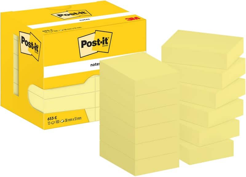 Post-it Zelfklevende memoblaadjes 653-E 38 x 51 mm 100 Vellen per blok Geel Pak van 12