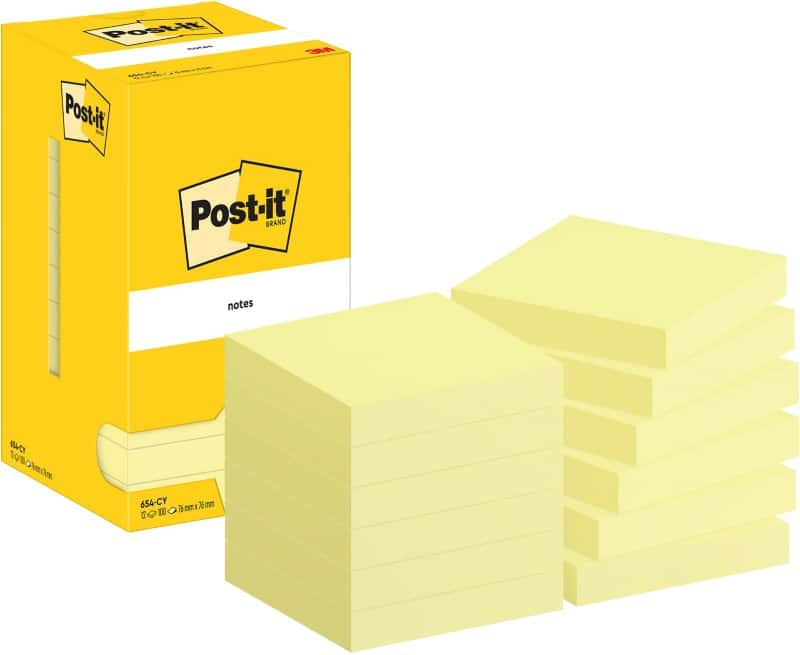 Post-it Zelfklevende memoblaadjes 654-CY 76 x 76 mm 100 Vellen per blok Geel Pak van 12