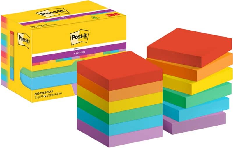 Post-it Super Sticky Notes 622-12SS-PLAY 47,6 x 47,6 mm 90 Vellen per blok Blauw, geel, groen, paars, oranje, rood Vierkant Effen Pak van 12