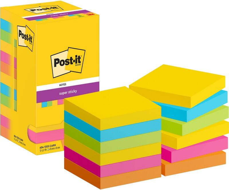 Post-it Super Sticky Notes 622-12SS-SOUL 76 x 76 mm 90 Vellen per blok Blauw, geel, groen, oranje, roze Vierkant Effen Pak van 12