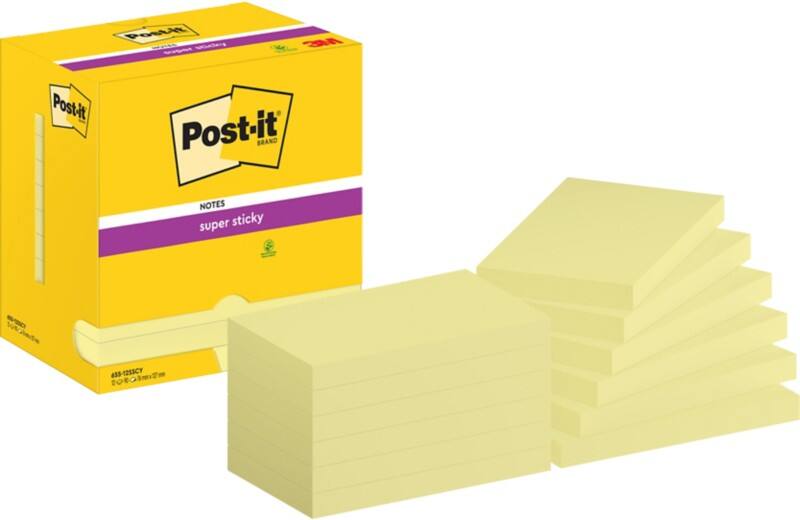 Post-it Super Sticky Notes 655-12SSCY 76 x 127 mm 90 Vellen per blok Geel Rechthoekig Effen Pak van 12