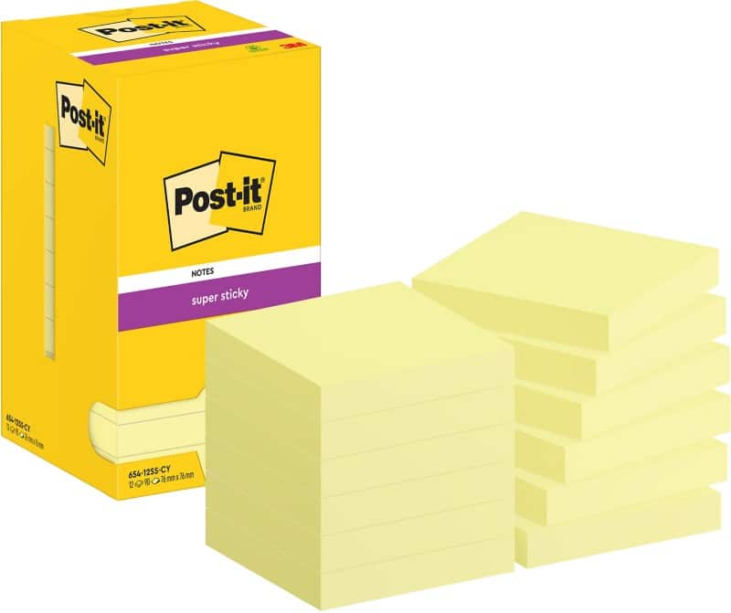 Post-it Super Sticky Notes 654-12SS-CY 76 x 76 mm 90 Vellen per blok Geel Vierkant Effen Pak van 12