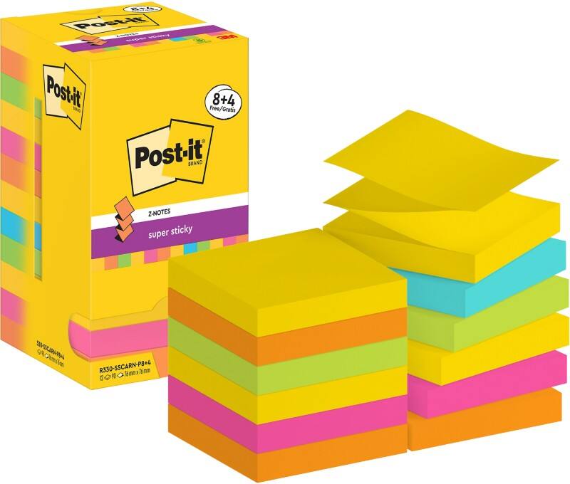 Post-it Super Sticky Z-Notes R330-SSCARN-P8+4 76x 76 mm 90 Vellen per blok Blauw, geel, groen, oranje, roze, Pak van 12 (8+4 gratis)