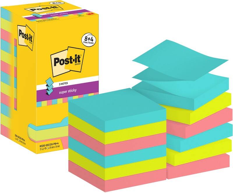 Post-it Super Sticky Z-Notes vierkant 76 x 76 mm blanco assortiment R330-SSCOS-P8/+4 90 12 stuks à 90 vellen (8+4 gratis)