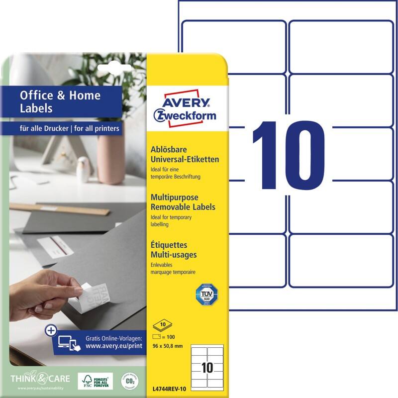 Avery Multifunctionele etiketten L4744REV-10 Klevend A4 Wit 9,6 x 32,7 x 5,08 cm 10 Vellen à 10 Etiketten