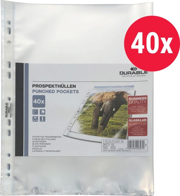 DURABLE Business Showtassen A4 Glashelder Transparant 60 micron PP (Polypropeen) Boven 11 Gaten 2673 40 Stuks