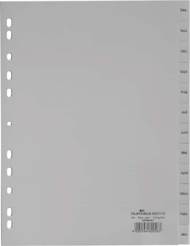 DURABLE Dec - Jan Maand-tabbladen A4 Grijs 12 tabs PP (Polypropeen) 11 Gaten 6507