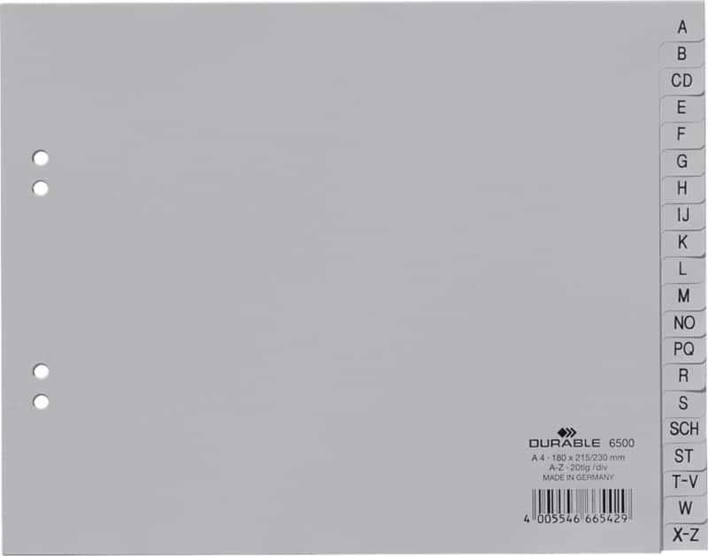 DURABLE A - Z Alfabetische tabbladen A4 Grijs 20 tabs PP (Polypropeen) 4 Gaten 6500