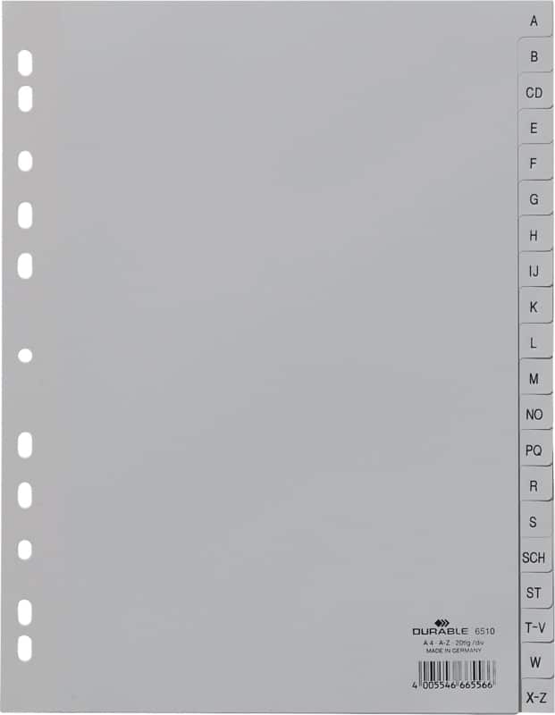 DURABLE A - Z Alfabetische tabbladen A4 Grijs 20 tabs PP (Polypropeen) 11 Gaten 6510