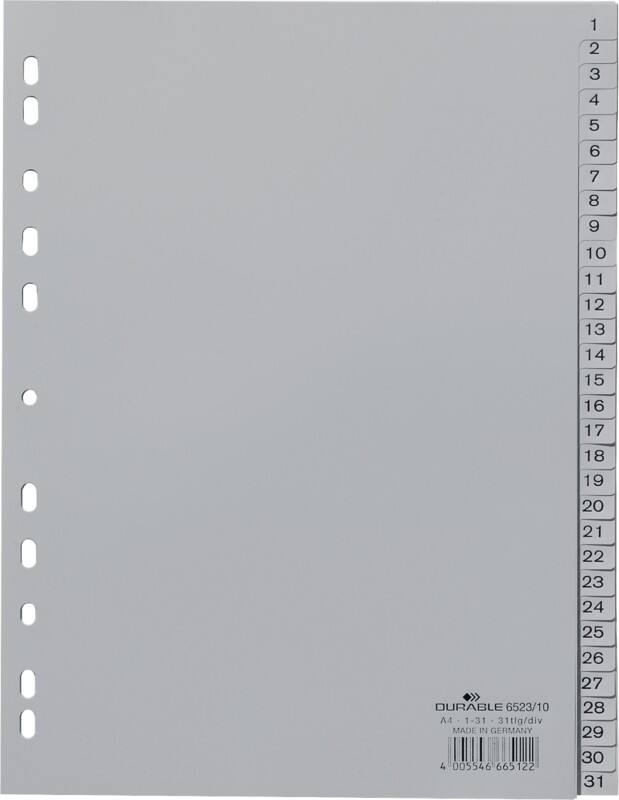 DURABLE 1 tot 31 Numerieke tabbladen A4 Grijs 31 tabs PP (Polypropeen) 11 Gaten 6523