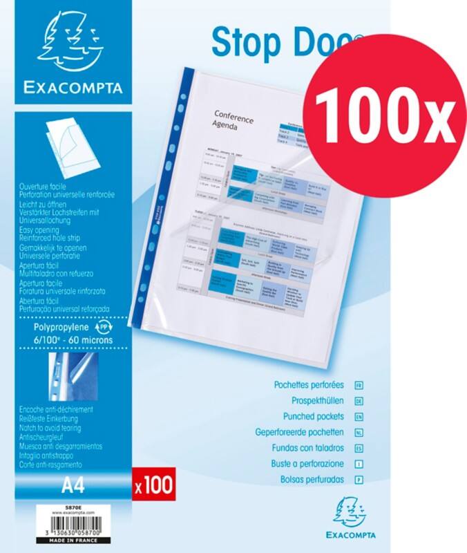 Exacompta STOP DOC Showtassen A4 Glashelder Transparant 60 micron PP (Polypropeen) Opening boven en links 5870E 100 Stuks