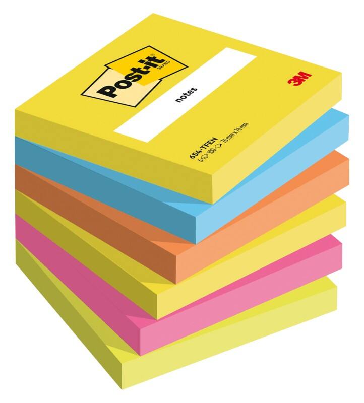 Post-it Sticky Notes Vierkant 76 x 76 mm Kleurenassortiment 654-TFEN 6 blokken met elk 100 vellen