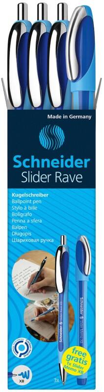 Schneider SLIDER Rave + Memo 132574 Balpen Blauw Extra breed Balpen Navulbaar 3 Stuks