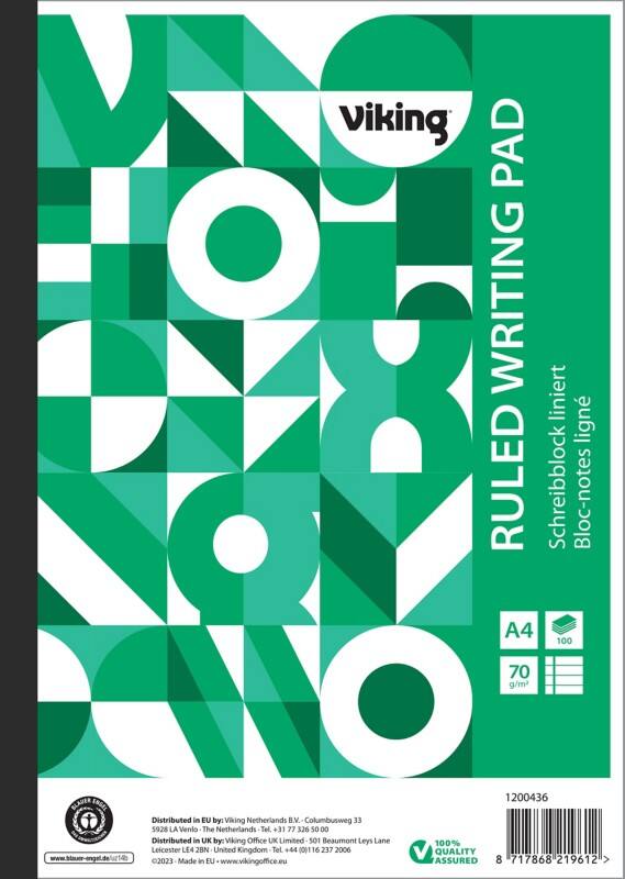 Viking Notitieblok A4 Gelinieerd Gelijmd Bovengebonden Papier Soepele kaft Groen 200 Pagina's