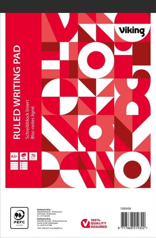 Viking Notitieblok A5+ Gelinieerd Geniet Bovengebonden Papier Soepele kaft Rood Geperforeerd 200 Pagina's 5 Stuks
