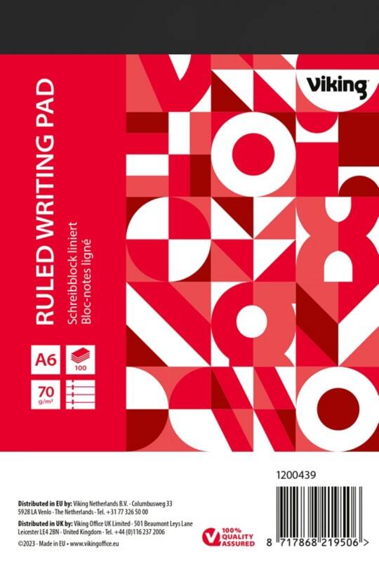 Viking Notitieblok A6 Gelinieerd Geniet Bovengebonden Papier Soepele kaft Rood Geperforeerd 200 Pagina's 5 Stuks