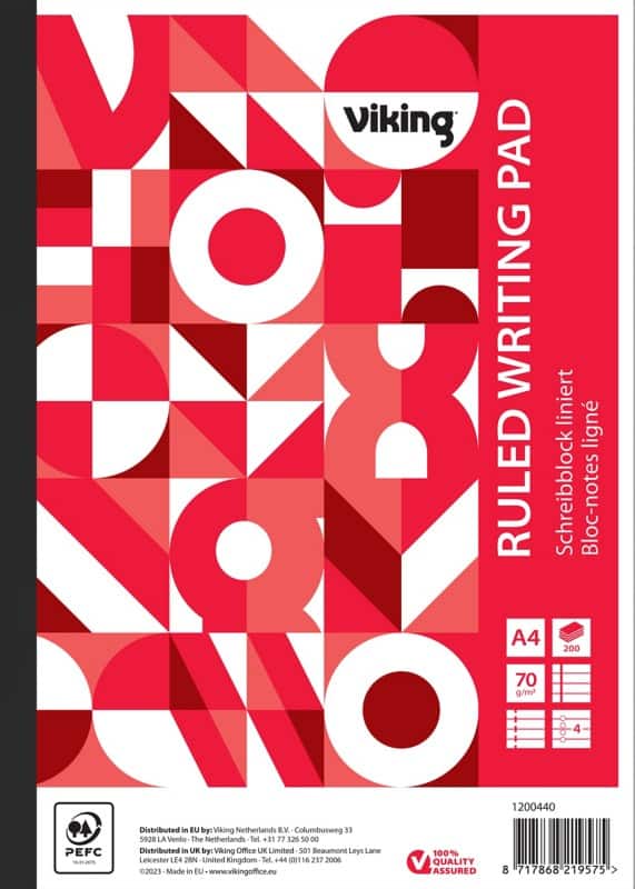 Viking Notitieblok A4 Gelinieerd Gelijmd Zijgebonden Papier Soepele kaft Rood 400 Pagina's 5 Stuks