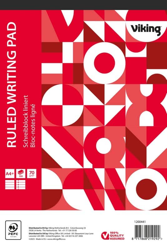 Viking Notitieblok A4+ Gelinieerd Geniet Bovengebonden Papier Soepele kaft Rood Geperforeerd 200 Pagina's 5 Stuks
