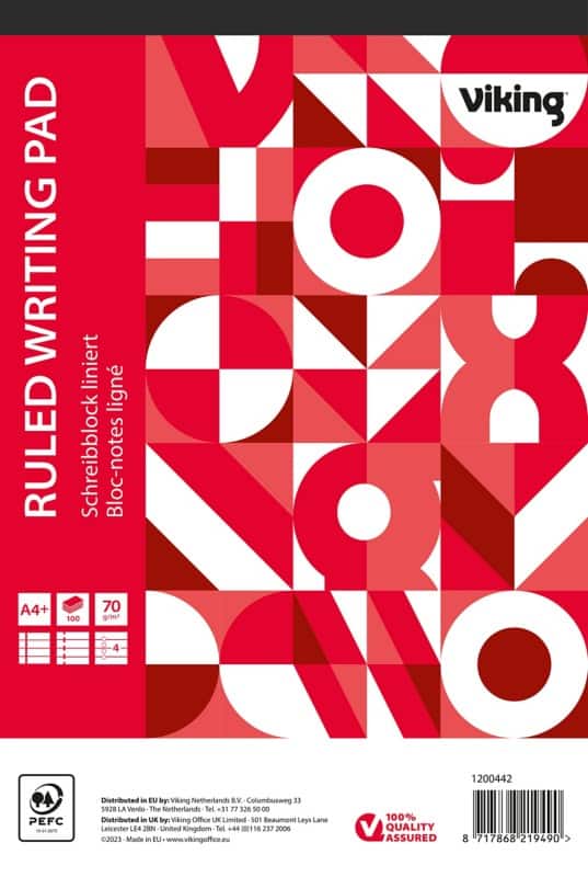 Viking Notitieblok A4+ Gelinieerd Gelijmd Zijgebonden Papier Soepele kaft Rood Geperforeerd 200 Pagina's 5 Stuks