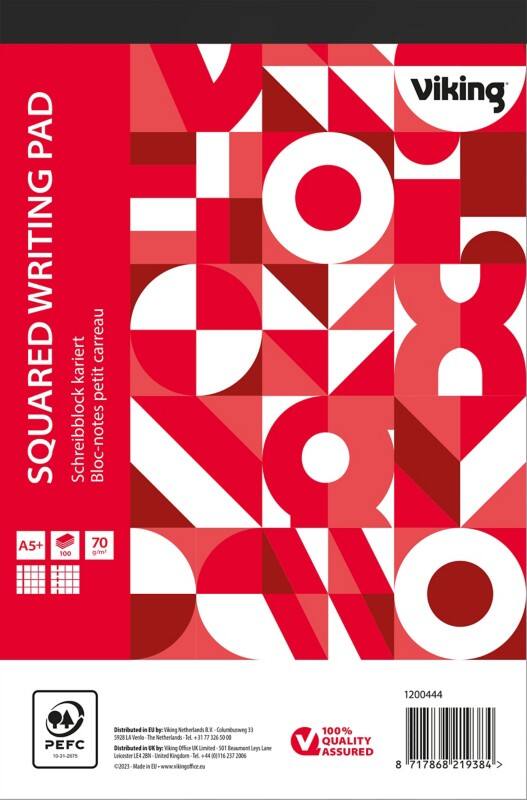 Viking Notitieblok A5+ Geruit Geniet Bovengebonden Papier Soepele kaft Rood Niet geperforeerd 200 Pagina's 5 Stuks