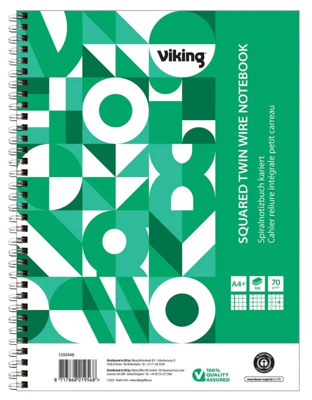 Viking Schrijfblok A4+ Geruit Dubbeldraads Zijgebonden Papier Soepele kaft Groen Geperforeerd 200 Pagina's