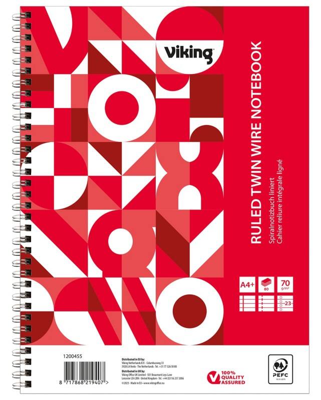 Viking Schrijfblok A4+ Gelinieerd Dubbeldraads Zijgebonden Papier Soepele kaft Rood Geperforeerd 160 Pagina's 5 Stuks