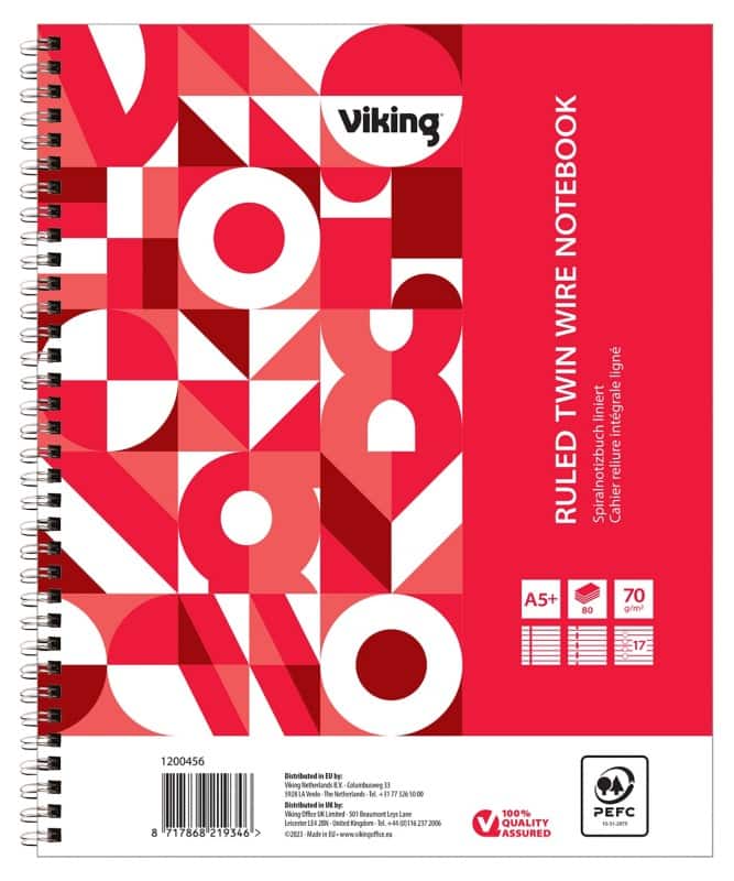 Viking Schrijfblok A5+ Smal Dubbeldraads Zijgebonden Papier Soepele kaft Rood Geperforeerd 17 Gaten 160 Pagina's 5 Stuks