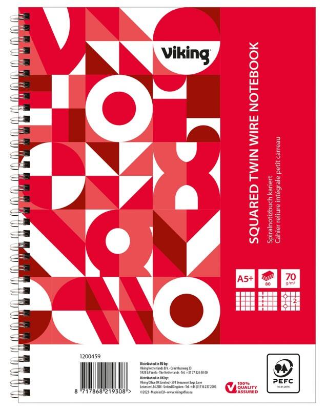 Viking Schrijfblok A5+ Geruit Dubbeldraads Zijgebonden Papier Soepele kaft Rood Geperforeerd 160 Pagina's 5 Stuks